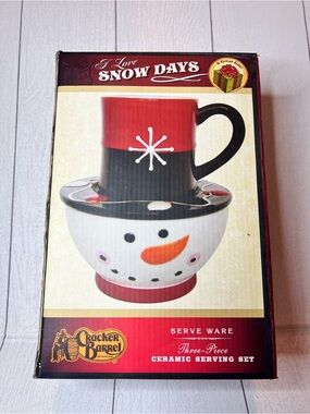 Cracker Barrel Red & Black Snowman Ceramic Serving Set